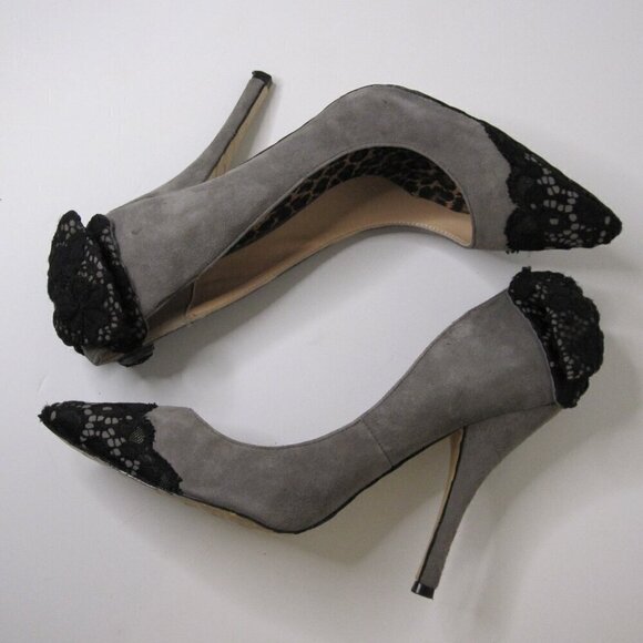 BETSEY JOHNSON Itsy Heels Women's 8.5 Black Bow Leopard Lace & Suede Pumps - Picture 7 of 11